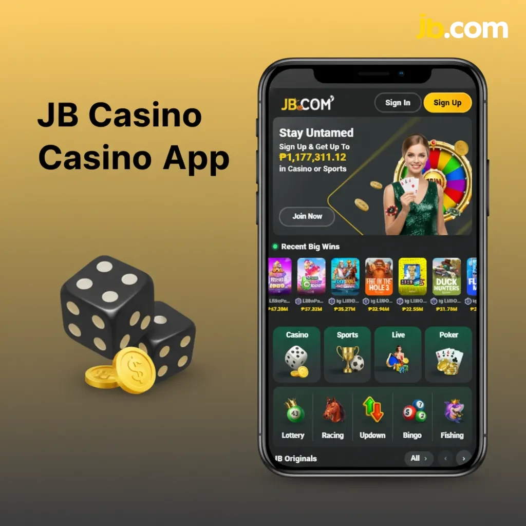 JB Casino app home screen with tabs for betting, slots, tables, live dealers; shows Book of Dead and Sweet Bonanza.