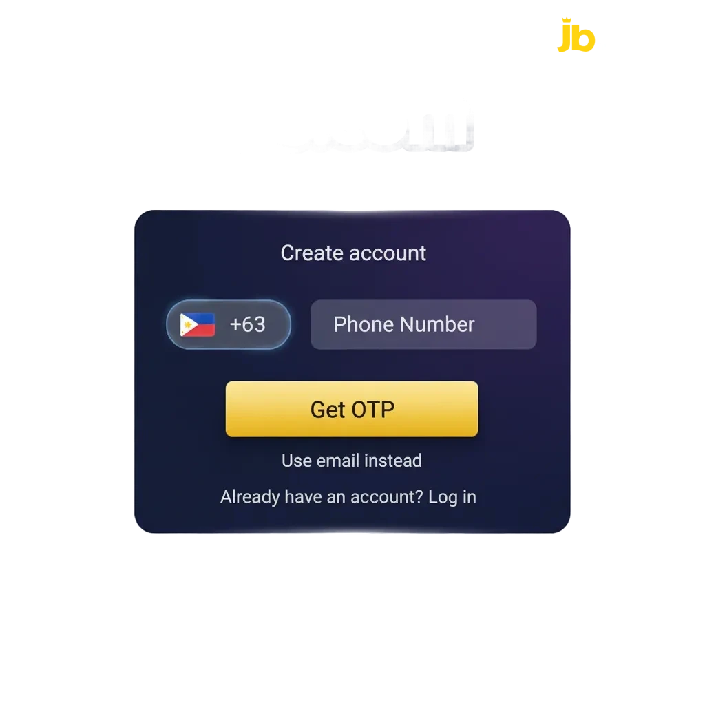 JB Casino sign-up, login, and ID verification on web and app, with PH bonus offers and 24/7 support icons.