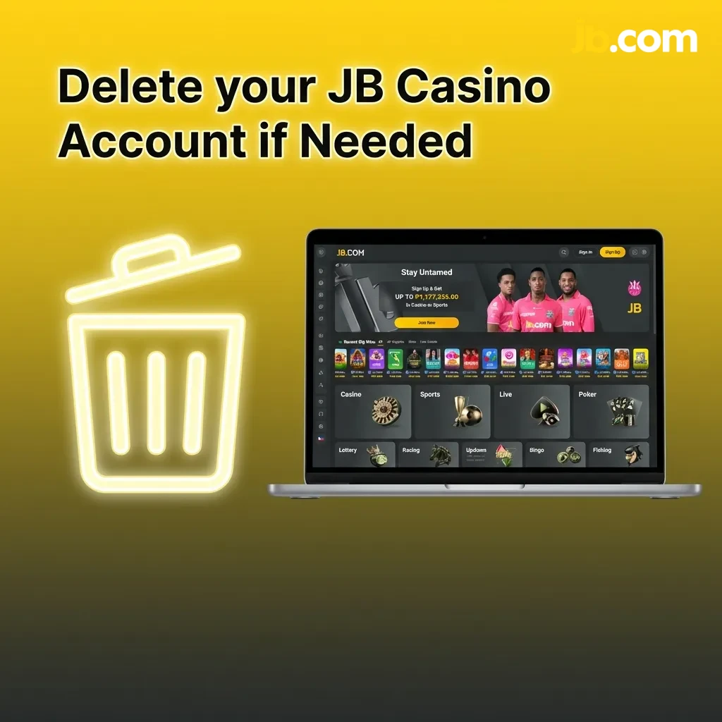 Person deleting JB Casino account through settings menu on computer screen