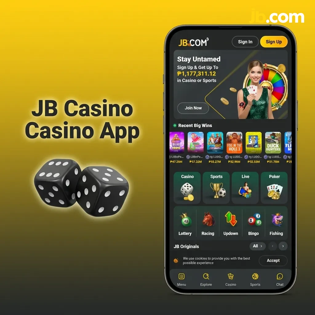 JB Casino app interface showing live casino games, slots, and table games from top providers like Evolution Gaming
