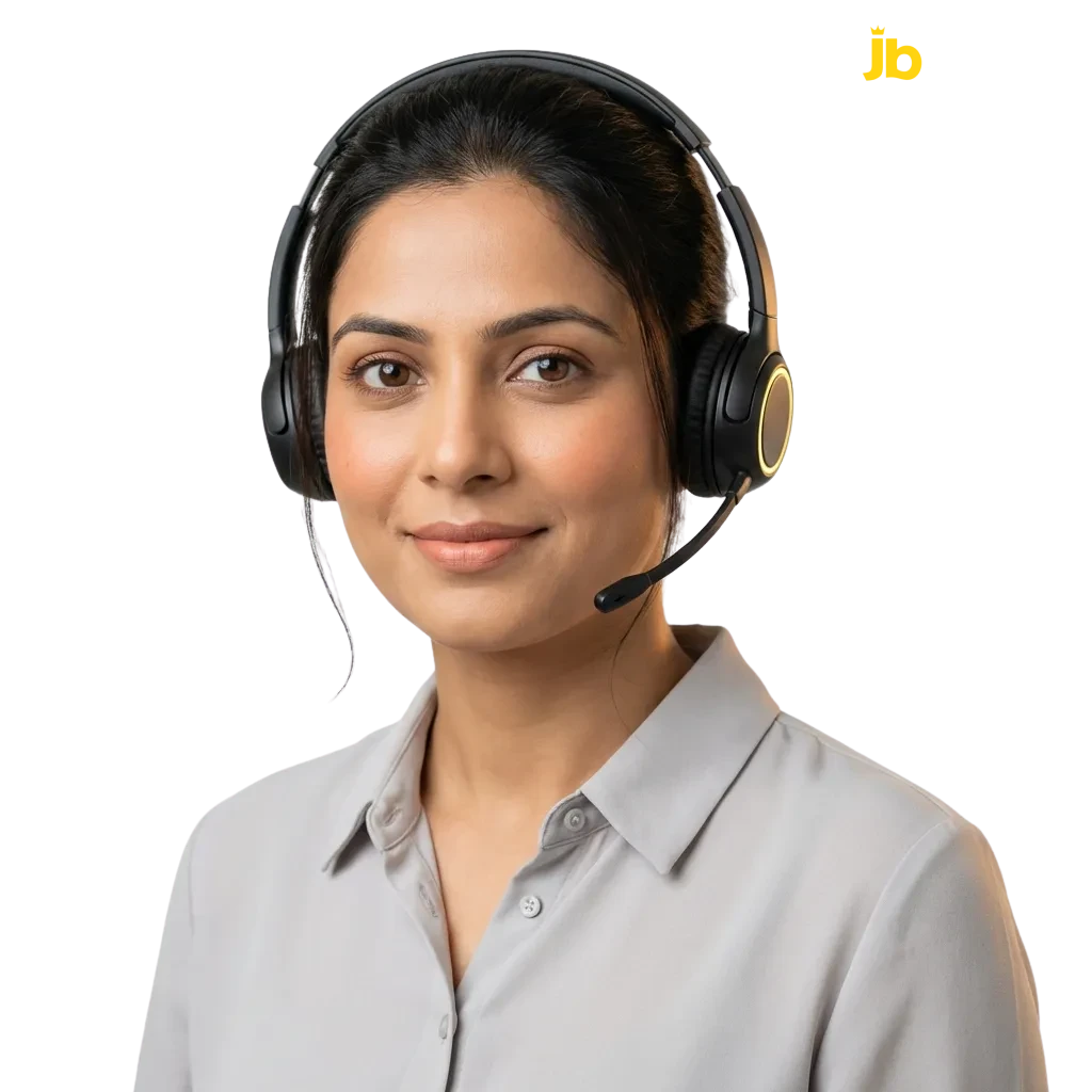 JB Casino customer support options including email, live chat, phone, and social media in English and Hindi for India