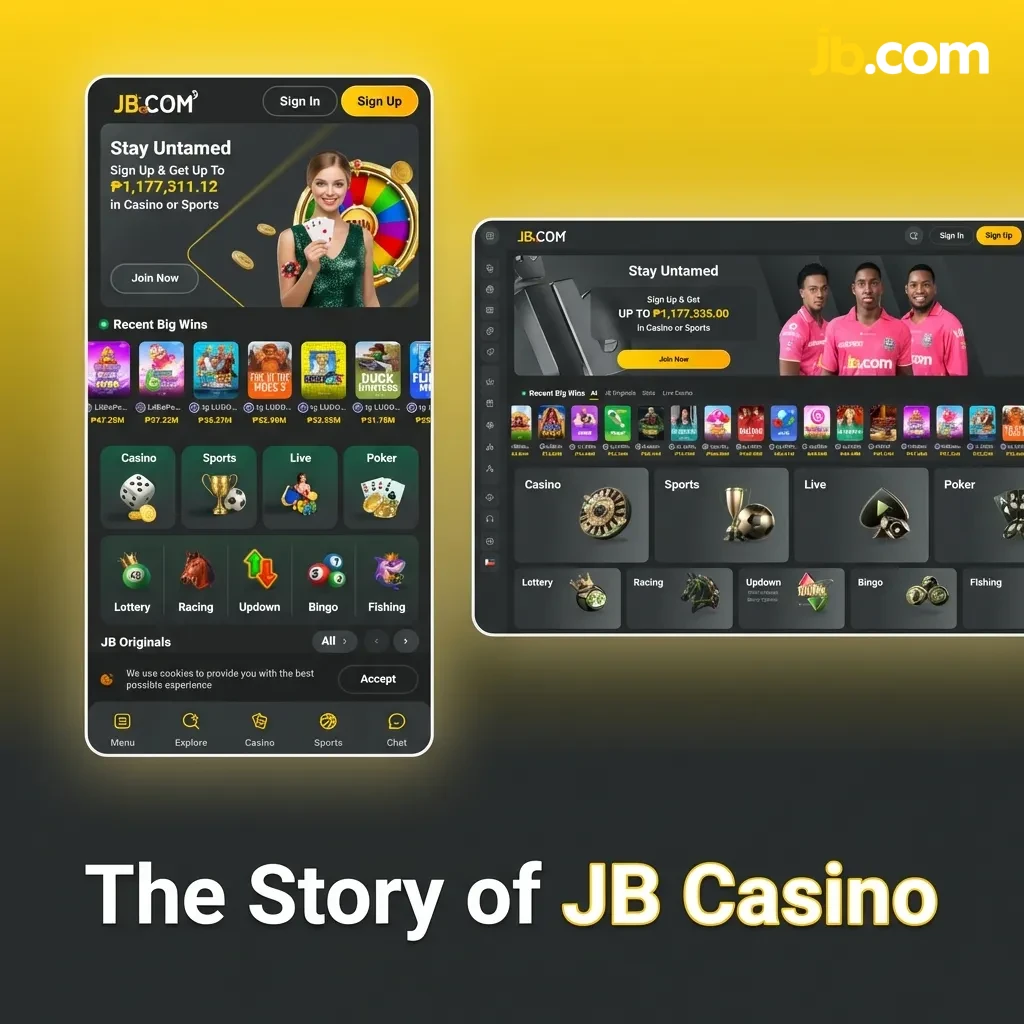 JB Casino homepage showing sports betting and casino games interface, founded in 2021 with Curaçao license