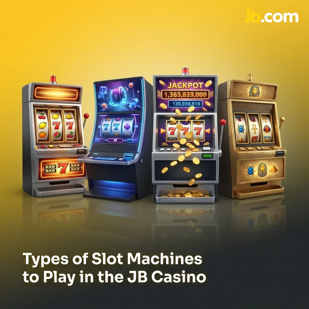 Variety of colorful slot machines including video slots, progressive jackpots, and Megaways games at JB Casino
